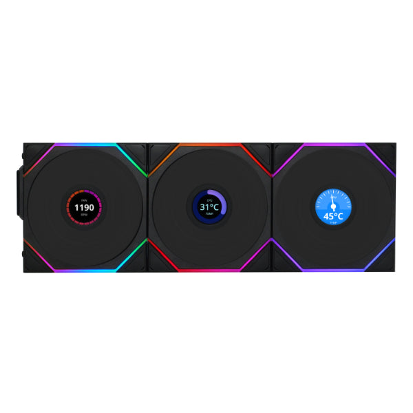 Lian Li UNI FAN TL-LCD 120mm Reverse Black – 3-Pack Wireless ARGB LCD Fans